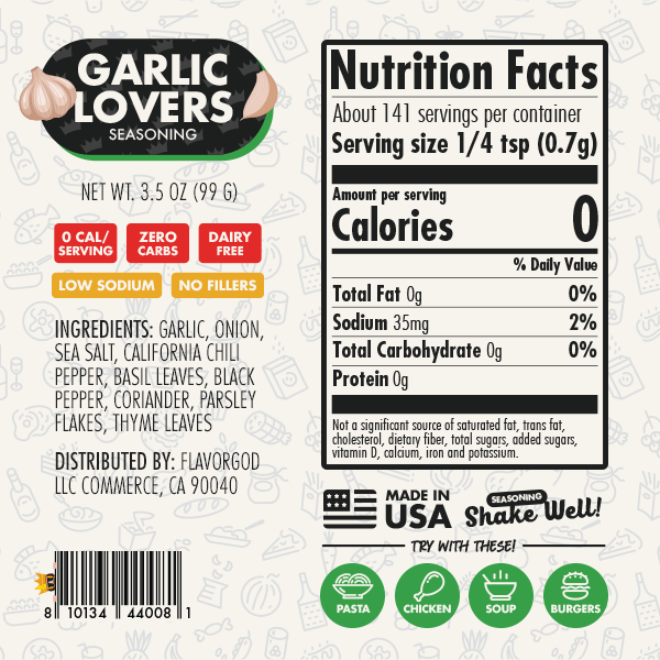 Nutrition label and ingredients for Chef Spice Pack