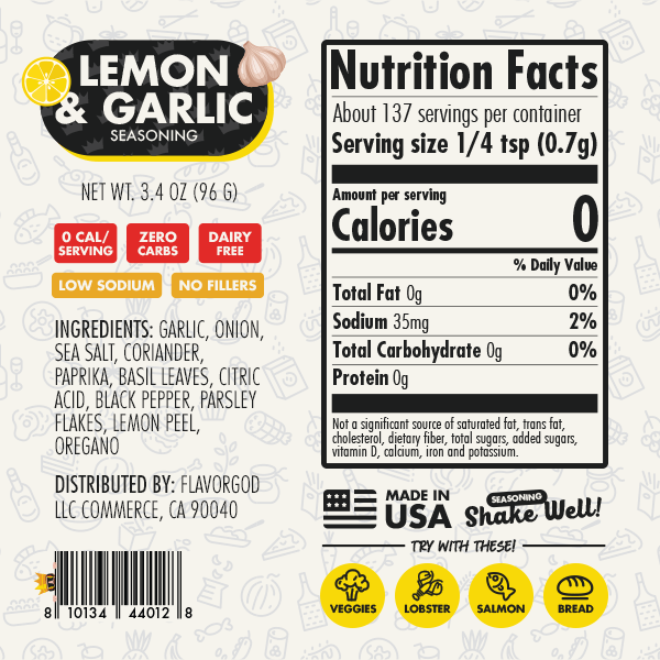 Nutrition label and ingredients for Chef Spice Pack