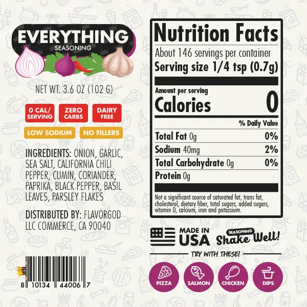 Nutrition label and ingredients for Chef Spice Pack