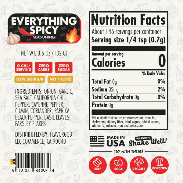 Nutrition label and ingredients for Chef Spice Pack