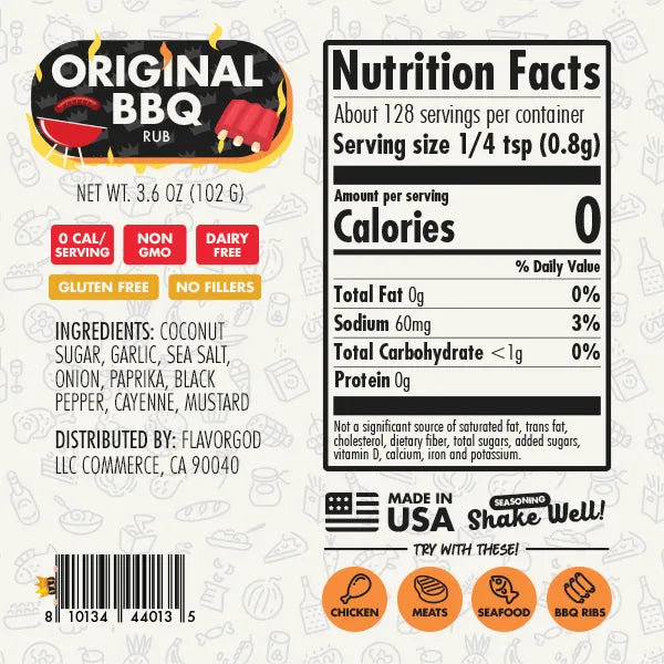 Nutrition label and ingredients for Chef Spice Pack