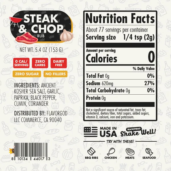Nutrition label and ingredients for Chef Spice Pack