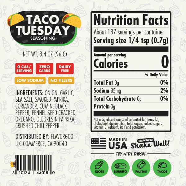 Nutrition label and ingredients for Chef Spice Pack