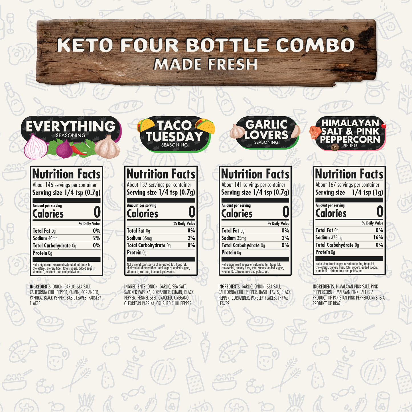 Keto Combo Herb, Spice & Seasoning Gift Pack Of 4, Everything, Garlic Lovers, Taco Tuesday, Himalayan Salt, Natural Healthy Spice Blend, Chicken, Beef, Seafood, Vegetable, BBQ, Steak Rub by FlavorGod